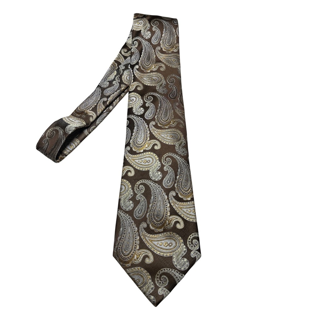 Massimo Ferre Mens Silk Tie Brown Silver Gold Paisley Hand Made Classic Necktie